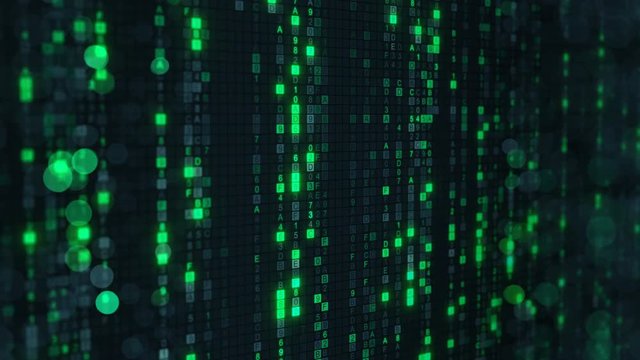Green matrix rain of digital HEX code on computer screen. Seamless loop abstract technology 3D animation rendered with DOF 4k UHD (3840x2160)
