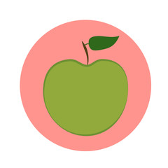 Green apple with green leaf in pink circle. vector