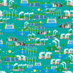 Seamless pattern renewable ecology energy, green city power alternative resources concept, environment save new technology, solar and wind electricity vector illustration background