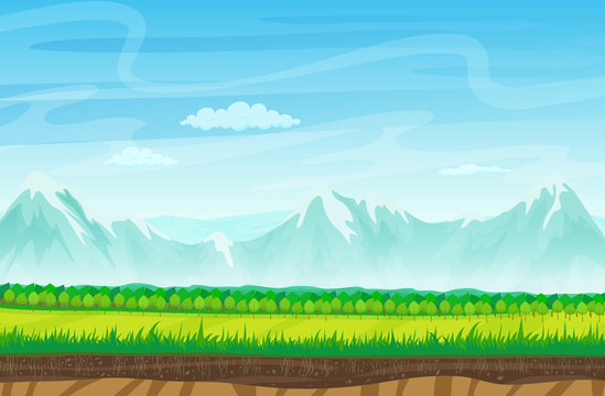 Cartoon landscape with rocks, mountains and grass. Landscape for game.