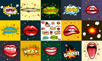 Nahtlose Muster-Cartoon-Comic-Super-Sprechblasen-Etiketten mit Text, sexy offene rote Lippen mit Zähnen, Retro-Cartoon-Vektor-Pop-Art-Illustration, Halbtonpunkt-Vintage-Effekt-Hintergrund