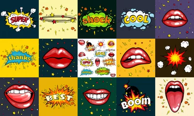Nahtlose Muster-Cartoon-Comic-Super-Sprechblasen-Etiketten mit Text, sexy offene rote Lippen mit Zähnen, Retro-Cartoon-Vektor-Pop-Art-Illustration, Halbtonpunkt-Vintage-Effekt-Hintergrund © anutaberg