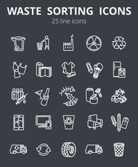 Simple Set of Garbage Related Vector Line Icons. Contains such Icons as Cardboard, Organic Waste, Plastic, Rubber, Paper Waste, Car repair
