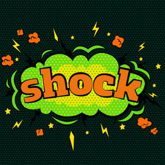 Cartoon comic shock bubbles labels with text and elements with halftone shadows, retro cartoon vector pop art illustration, halftone dot vintage effect background.