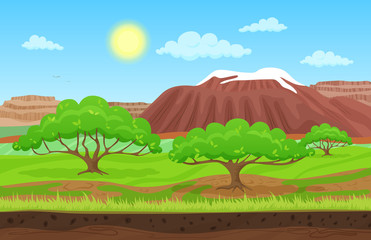 Cartoon color nature spring summer landscape in sun day with grass, trees, sky and nountains hills with snow. Vector sunday game style illustration. Background for games.