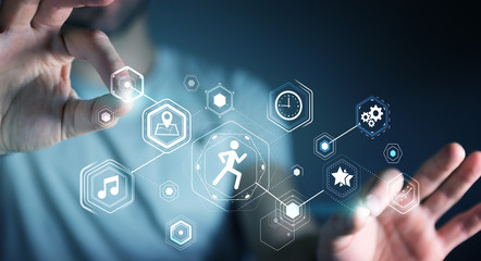 Young man using running application to check his performances 3D rendering