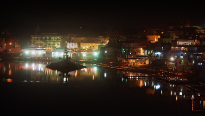 Fototapeta na wymiar Sacred lake of Pushkar. Pushkar town at night, Rajasthan, India