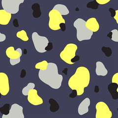 Abstract seamless chaotic pattern with military style. Modern wallpaper in trendy yellow, gray and black colors. Grafit background with texture of spots and blots. Repeat endless design. Vector.