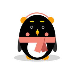Cute cartoon penguin character wearing headphones in geometric shape vector Illustration