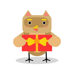 Cute cartoon owl bird character in geometric shape holding red gift box vector Illustration