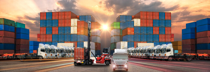 Forklift handling container box loading and Container Cargo freight ship with working crane bridge...