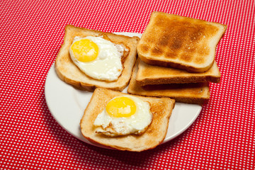 Toasts and eggs on a plate on a red table