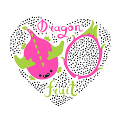 Print with heart and dragon fruit. Vegan food. Summer cute vector illustration