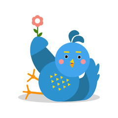 Funny blue bird lying and holding flower cartoon character vector Illustration