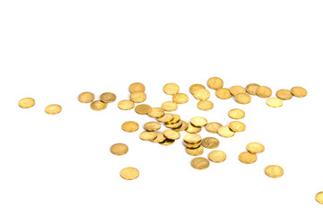 Gold coins on white background, business banking idea.