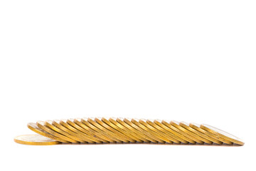 Columns of gold coins, piles of coins on white background