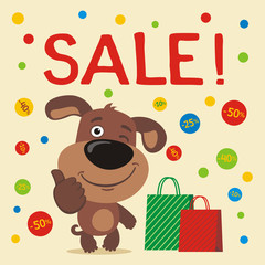 Poster seasonal sale. Funny dog with shopping, falling confetti discounts. Banner for sale and discounts with cartoon dog.