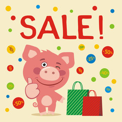 Poster seasonal sale. Funny pig with shopping, falling confetti discounts. Banner for sale and discounts with cartoon pig.