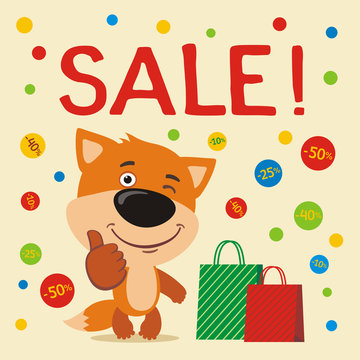 Poster seasonal sale. Funny fox with shopping, falling confetti discounts. Banner for sale and discounts with cartoon fox.