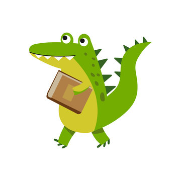 Cute cartoon crocodile character walking with book vector Illustration