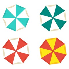 Set of bright beach umbrellas top view on white background. Beach vacation on sand on ocean or sea, near pool in hotel. Sunbed for relaxation and umbrella for sun protection. Flat vector cartoon icon.