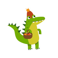 Funny cartoon crocodile character gathering mushrooms wearing knitted hat vector Illustration