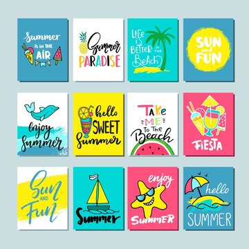 Colorful cute hand drawn summer cards, background.