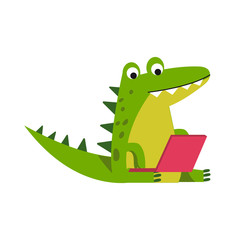 Funny cartoon crocodile character sitting using laptop vector Illustration