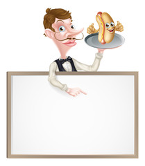 Cartoon Hotdog Waiter Butler Signboard