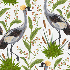 Fototapety  Seamless pattern with crane bird and wild plants. Oriental motif. Vintage hand drawn vector illustration in watercolor style