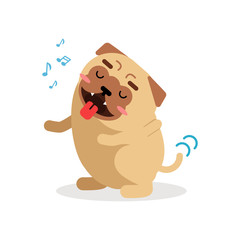 Cute cartoon pug dog character wagging tail and singing vector Illustration