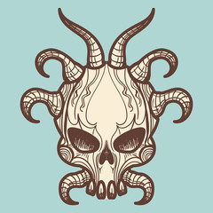 Vintage hand drawn monsters skull with horns, vector illustration