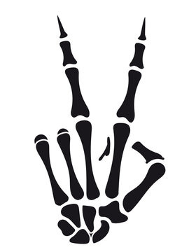 Skeleton hand victory sign isolated on white backdrop. Vector illustration