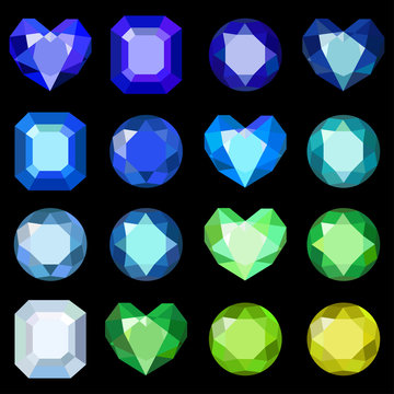 Set of cartoon different color crystals, gemstones, gems, diamonds vector. Vector image on black background.