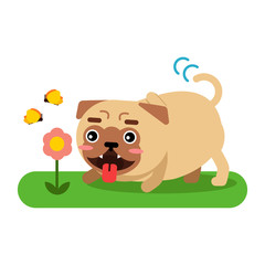 Funny pug dog character walking in the park vector Illustration