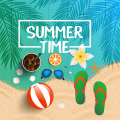 Summer time background. Top view on seashells, sun glasses, fresh cocktail, flip flops, beach ball, flowe and sea sand on wooden texture. Vector illustration.