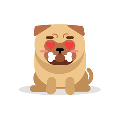 Funny pug dog character sitting and holding bone in its mouth vector Illustration