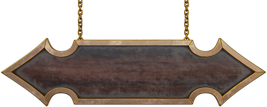 Wooden arrow sign hanging on chains. Isolated on white. 3d rendering.