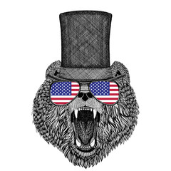 Brown bear Russian bear wearing cylinder top hat and glasses with usa flag United states flag