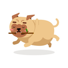 Funny pug dog character playing with wooden stick vector Illustration