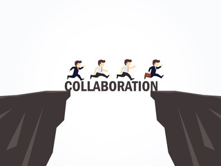 Businessmen crossing over a teamwork bridge. Vector illustration.