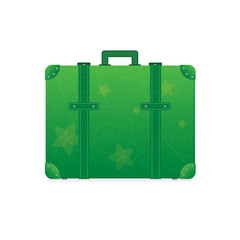 Green suitcase with flower and swirl on white background. Vector Illustration