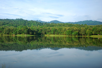 Fototapeta na wymiar Cityscape green forest and blue sky reflection on the water river in national park in Thailand