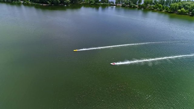 Aerial view off racing boats on the river