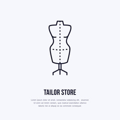 Illustration of tailor dummy, mannequin. Dress shop line logo. Vector flat sign for atelier.