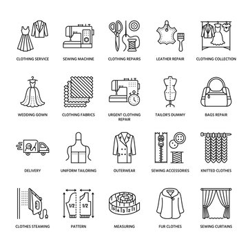 Clothing repair, alterations flat line icons set. Tailor store services - dressmaking, clothes steaming, curtains sewing. Linear signs set, logos for atelier.