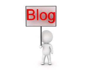 3D Character holding a sign which writes Blog
