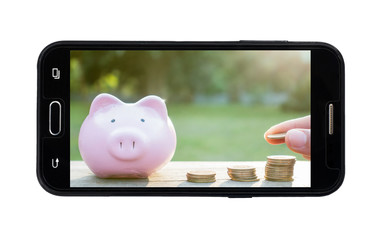 save money in mobile phone isolated on white background with clip path