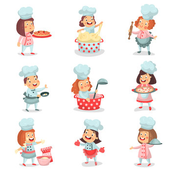 Cute Little Cook Chief Kids Cartoon Characters Cooking Food And Baking Detailed Colorful Illustrations