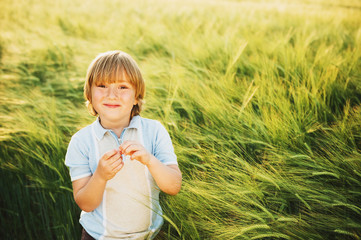 Sweet little boy playing in wheat field at sunset in summertime